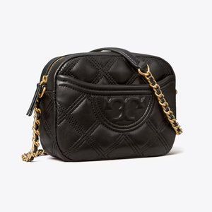 Tory Burch Fleming Quilted Leather Soft Camera Bag Black Gold